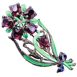 Vintage 1930s Floral Bouquet Brooch Purple Glass Enamel Pot Metal Jewelry Pin
